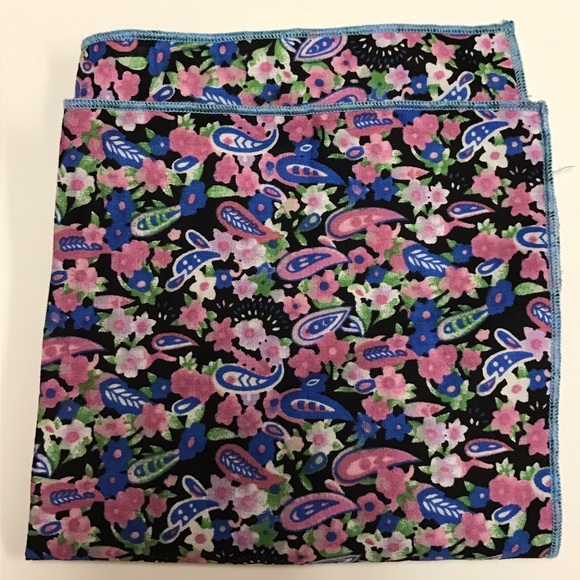 Black with Pink & Blue Floral Print Pocket Square - Picture 2 of 2